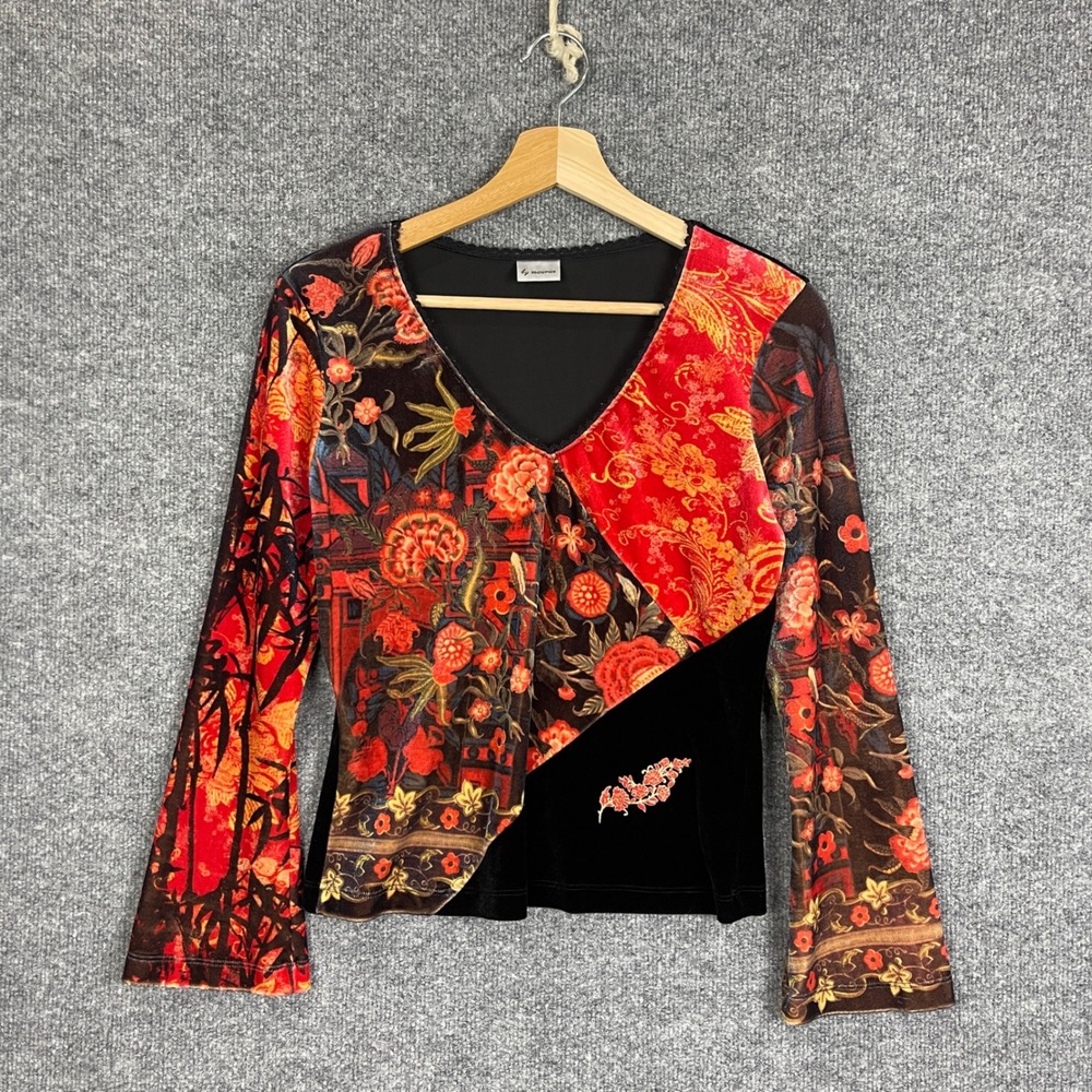 Vintage Y2K By Maurices Velvet Top Small Red Black Floral V-Neck Long Sleeve